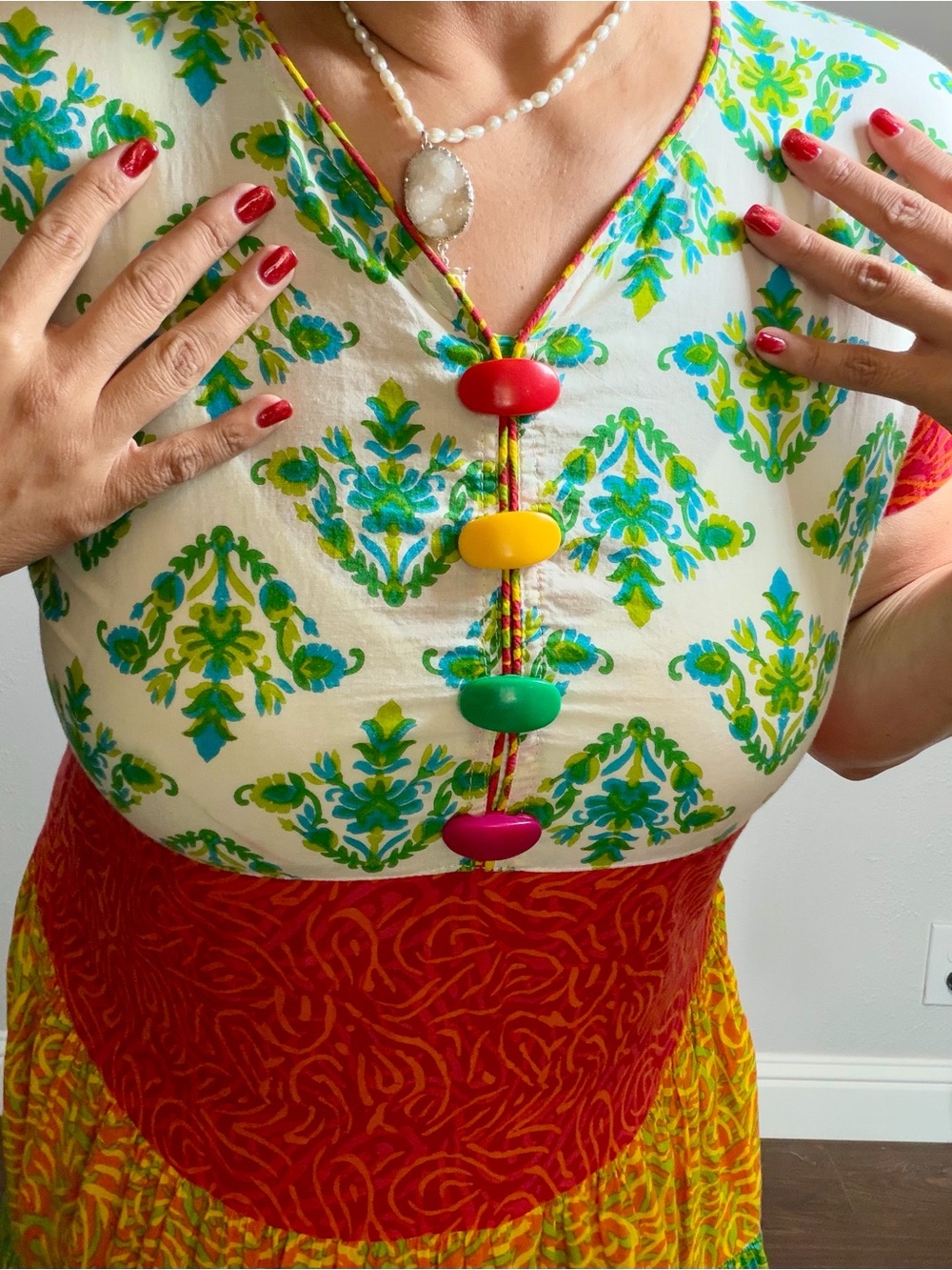 RAV-E Colorful Tiered Midi Dress XL Boho Art to Wear Button Front Resort - Picture 7 of 15